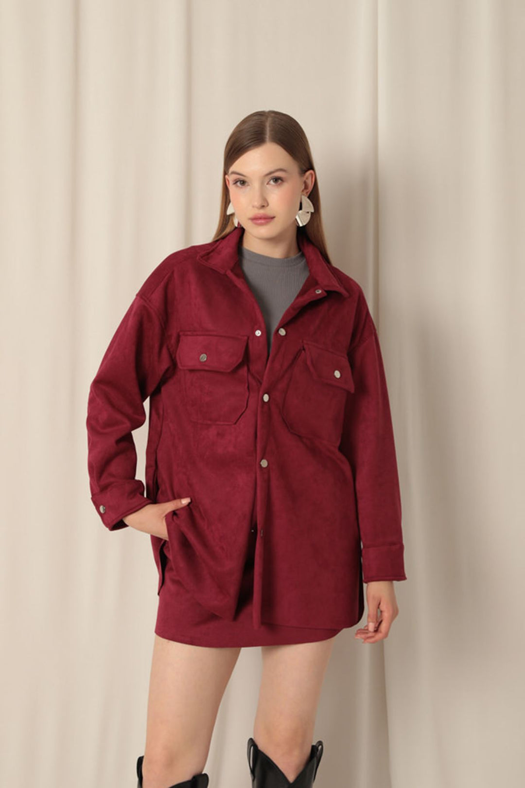 KKT Suede Fabric Shorts Skirt Women's Burgundy Suit - Paços de Ferreira