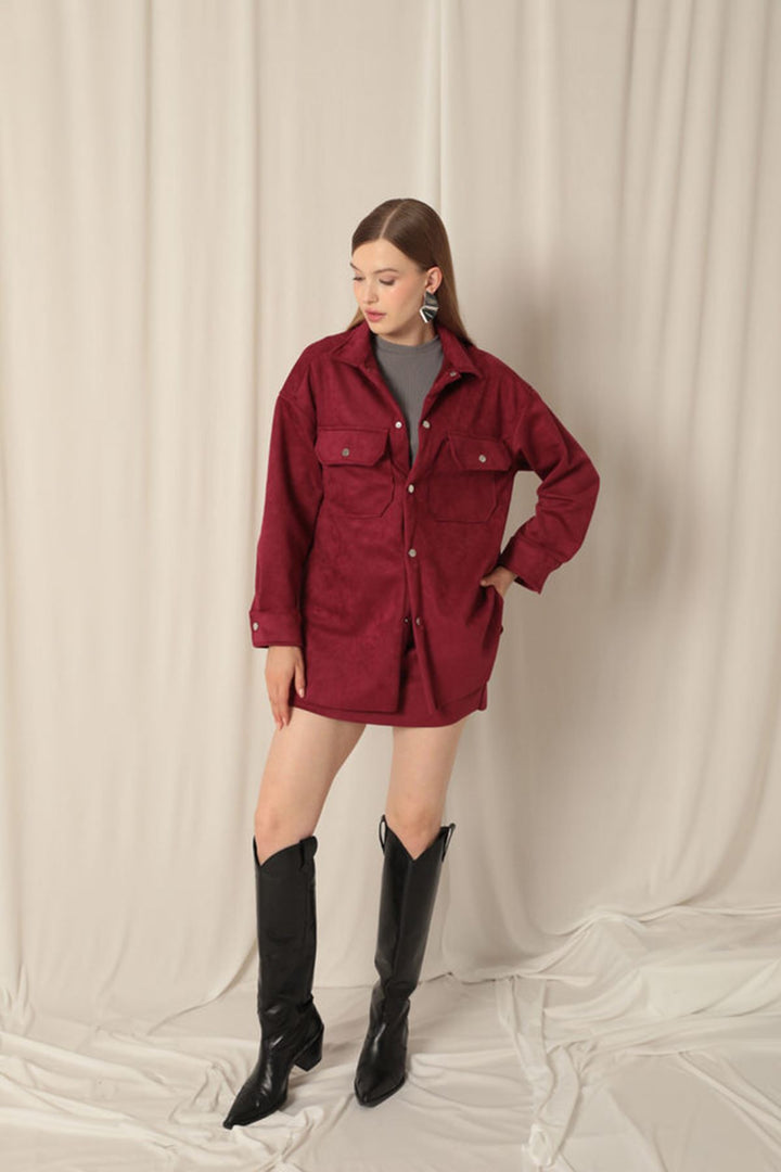 KKT Suede Fabric Shorts Skirt Women's Burgundy Suit - Paços de Ferreira