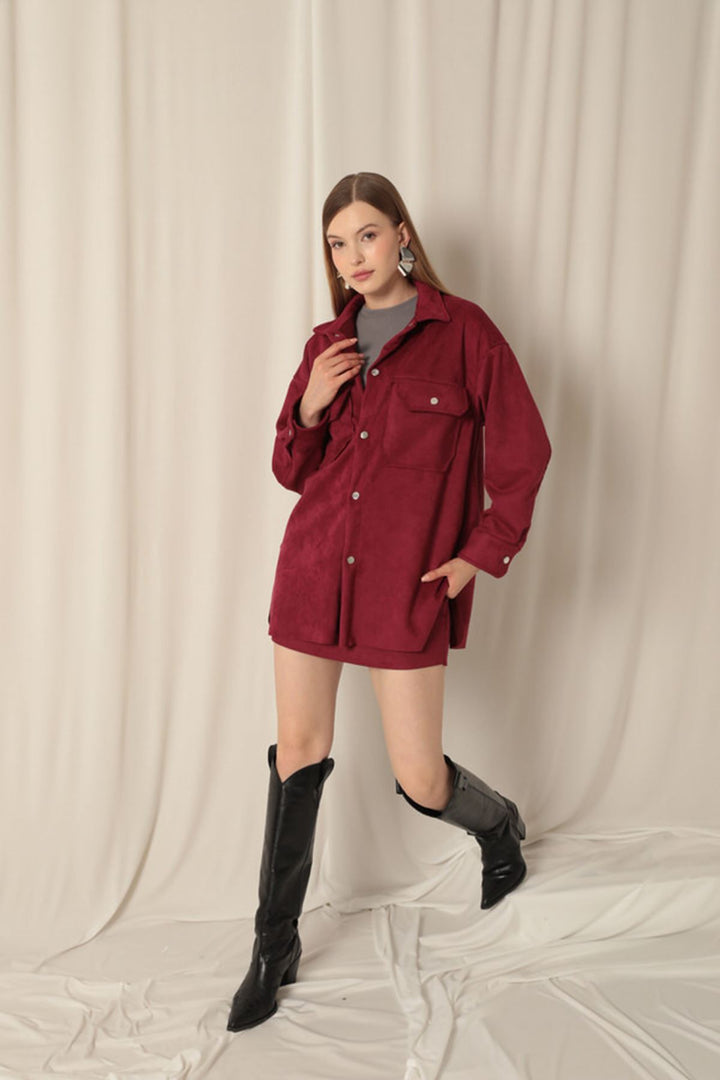 KKT Suede Fabric Shorts Skirt Women's Burgundy Suit - Paços de Ferreira