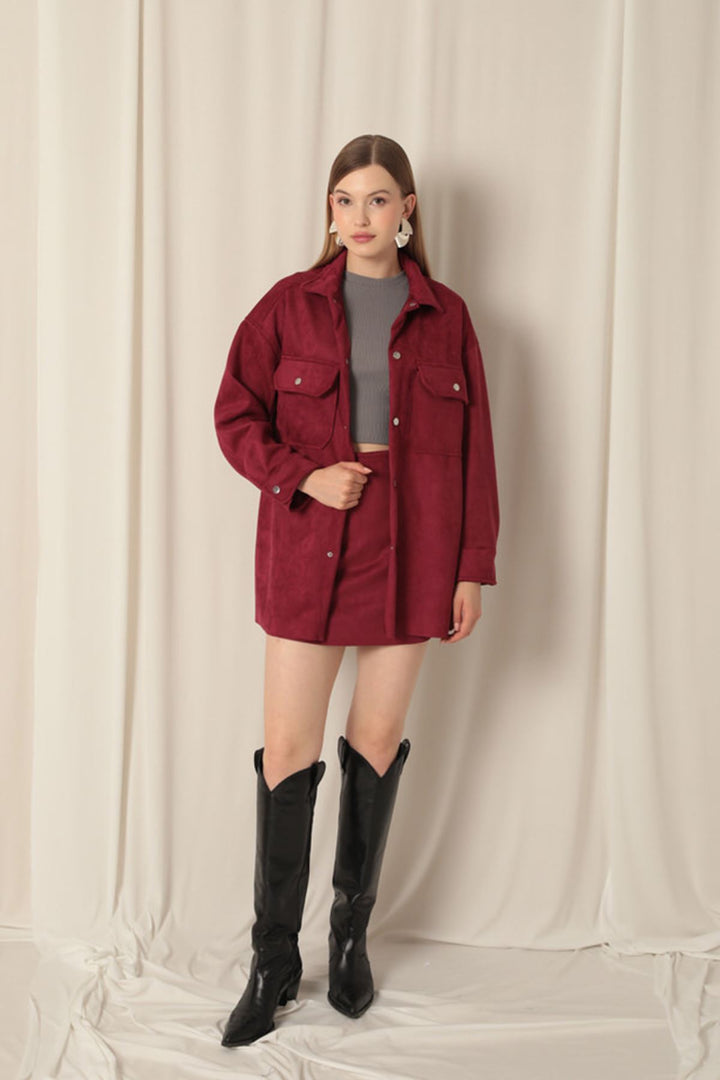 KKT Suede Fabric Shorts Skirt Women's Burgundy Suit - Paços de Ferreira