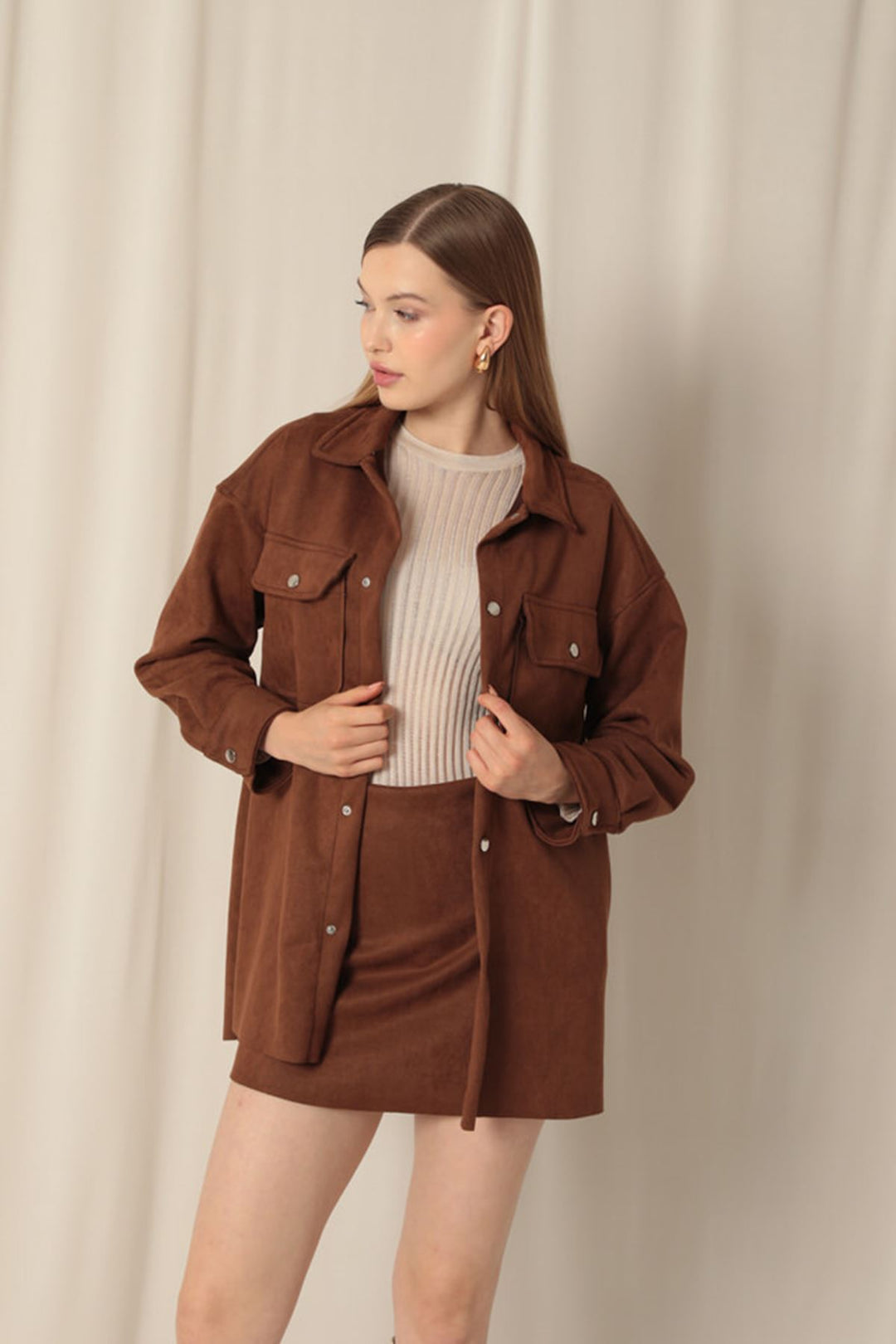 KKT Suede Fabric Shorts Skirt Women's Brown Suit - Phoenix