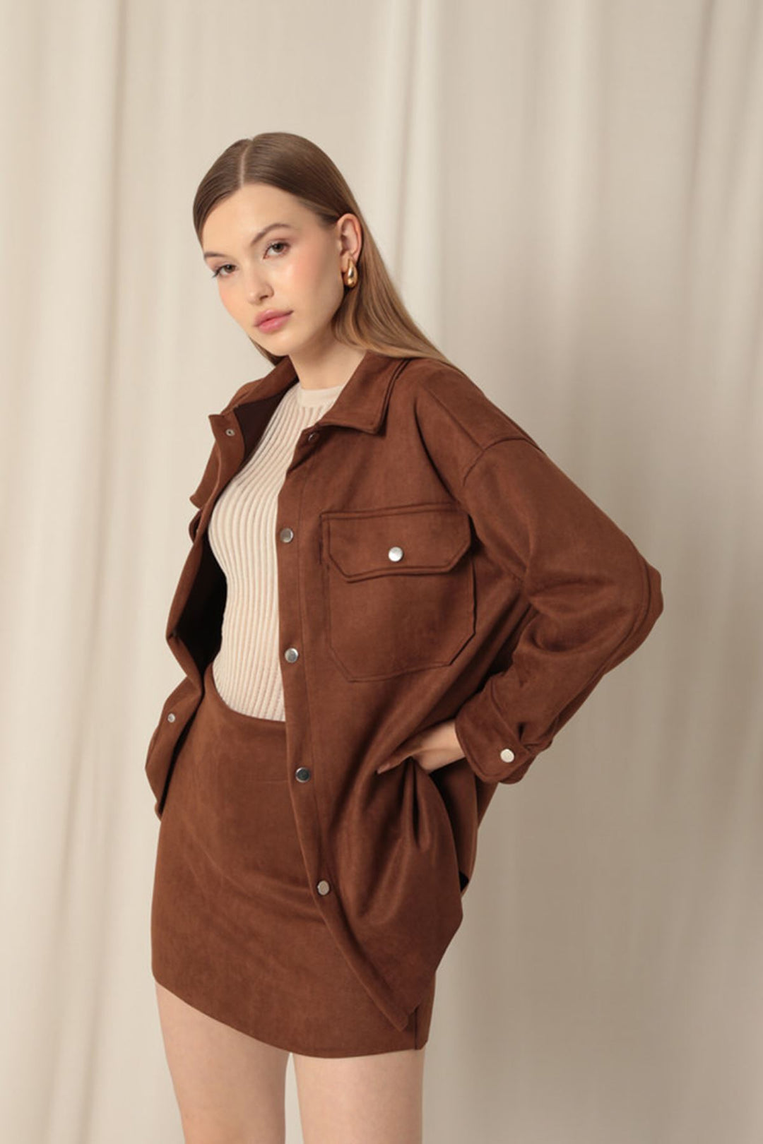 KKT Suede Fabric Shorts Skirt Women's Brown Suit - Phoenix