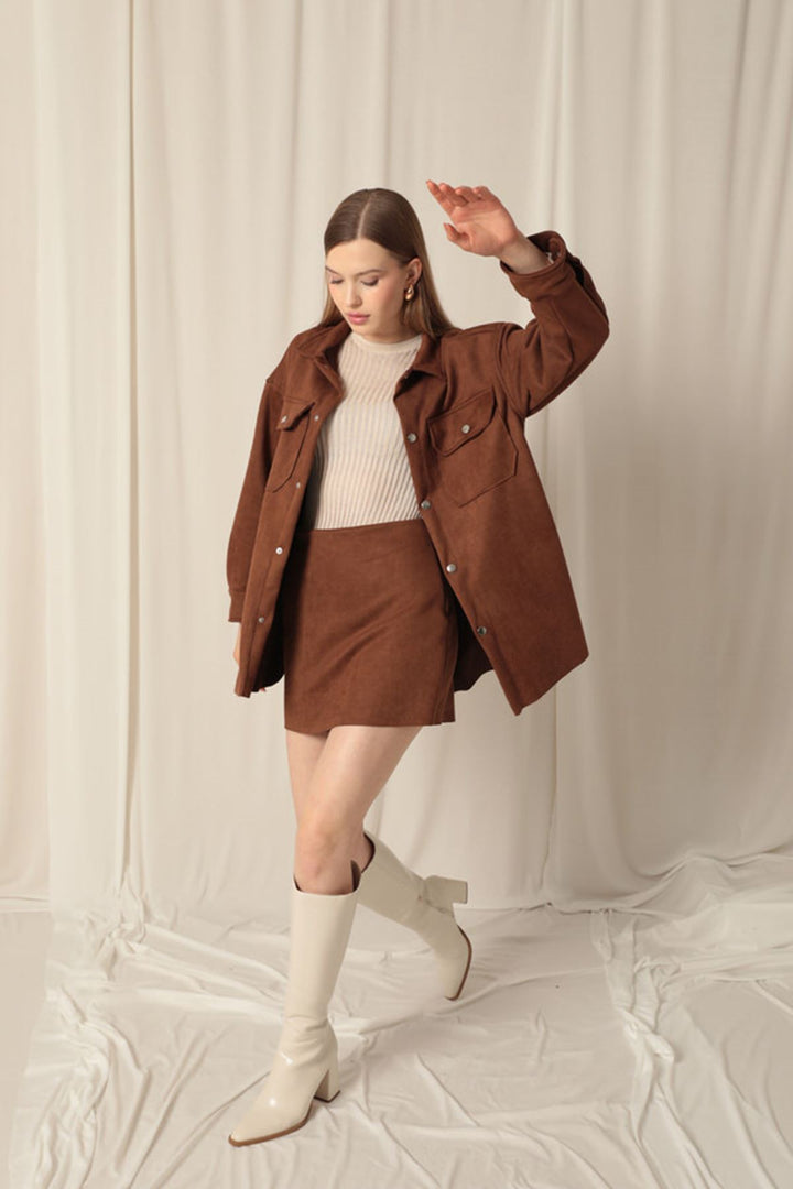 KKT Suede Fabric Shorts Skirt Women's Brown Suit - Phoenix