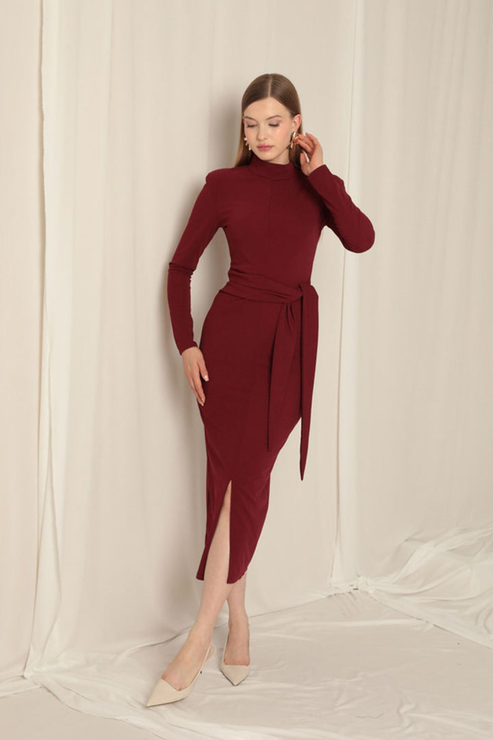 KKT Crepe Fabric Tied Burgundy Dress - Saronno