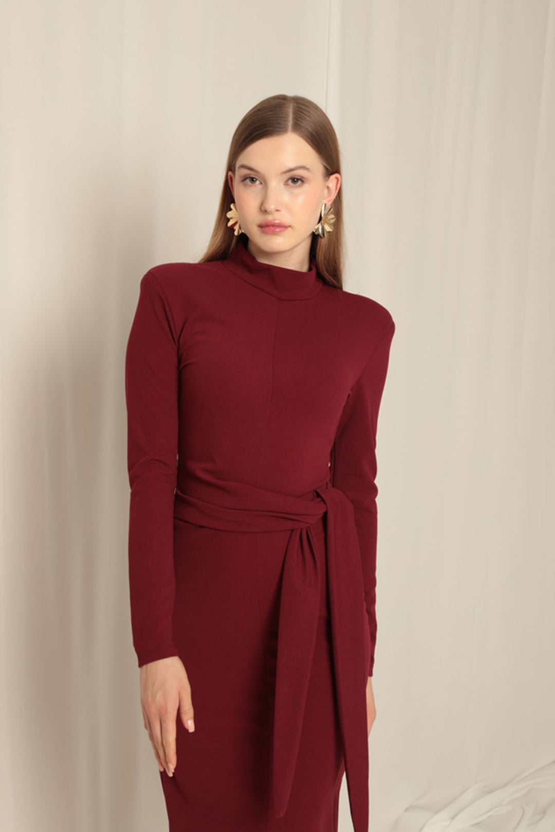 KKT Crepe Fabric Tied Burgundy Dress - Saronno
