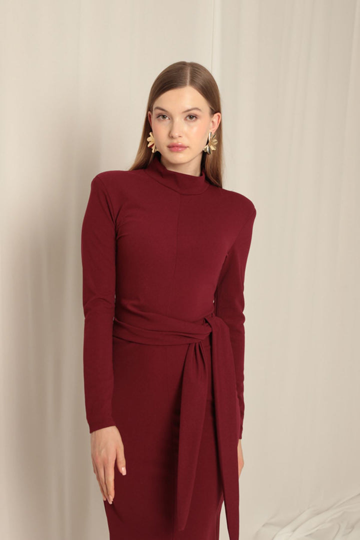 KKT Crepe Fabric Tied Burgundy Dress - Saronno
