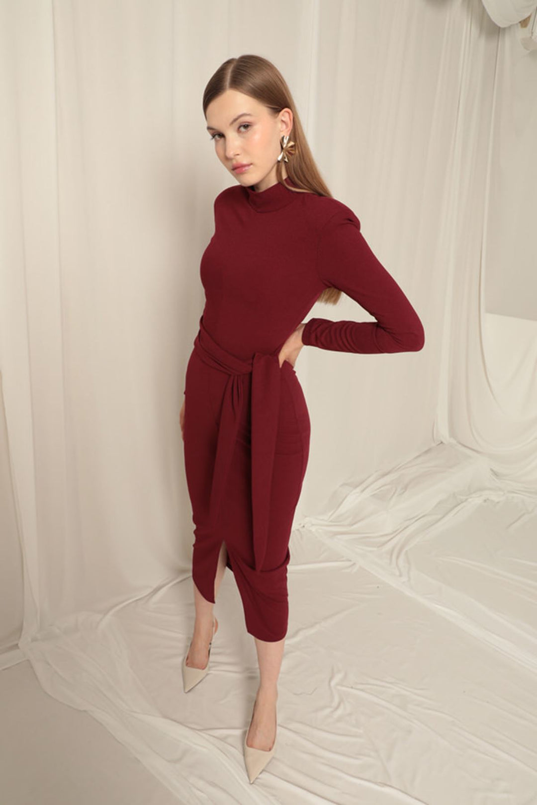 KKT Crepe Fabric Tied Burgundy Dress - Saronno