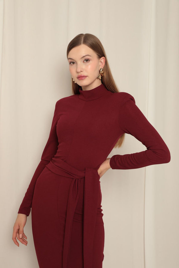 KKT Crepe Fabric Tied Burgundy Dress - Saronno
