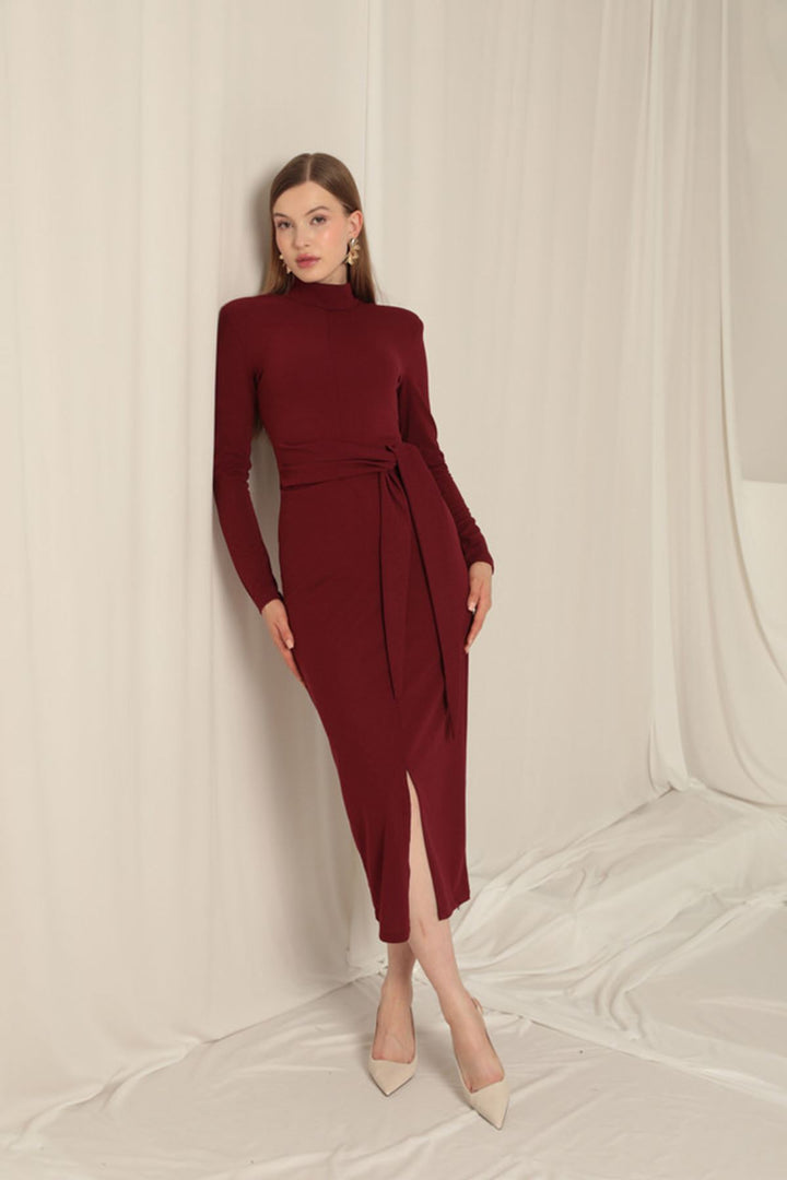KKT Crepe Fabric Tied Burgundy Dress - Saronno