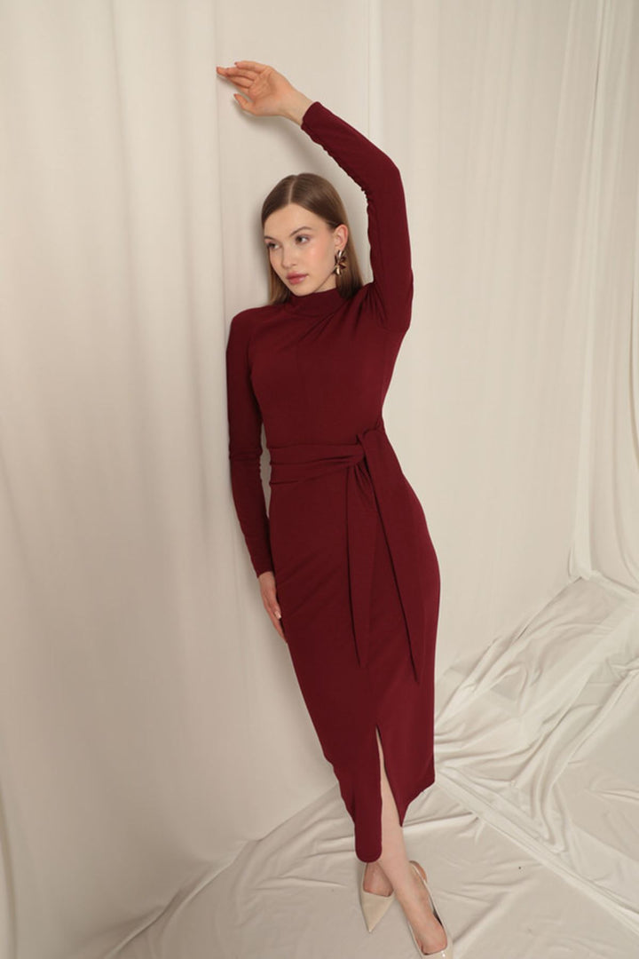 KKT Crepe Fabric Tied Burgundy Dress - Saronno