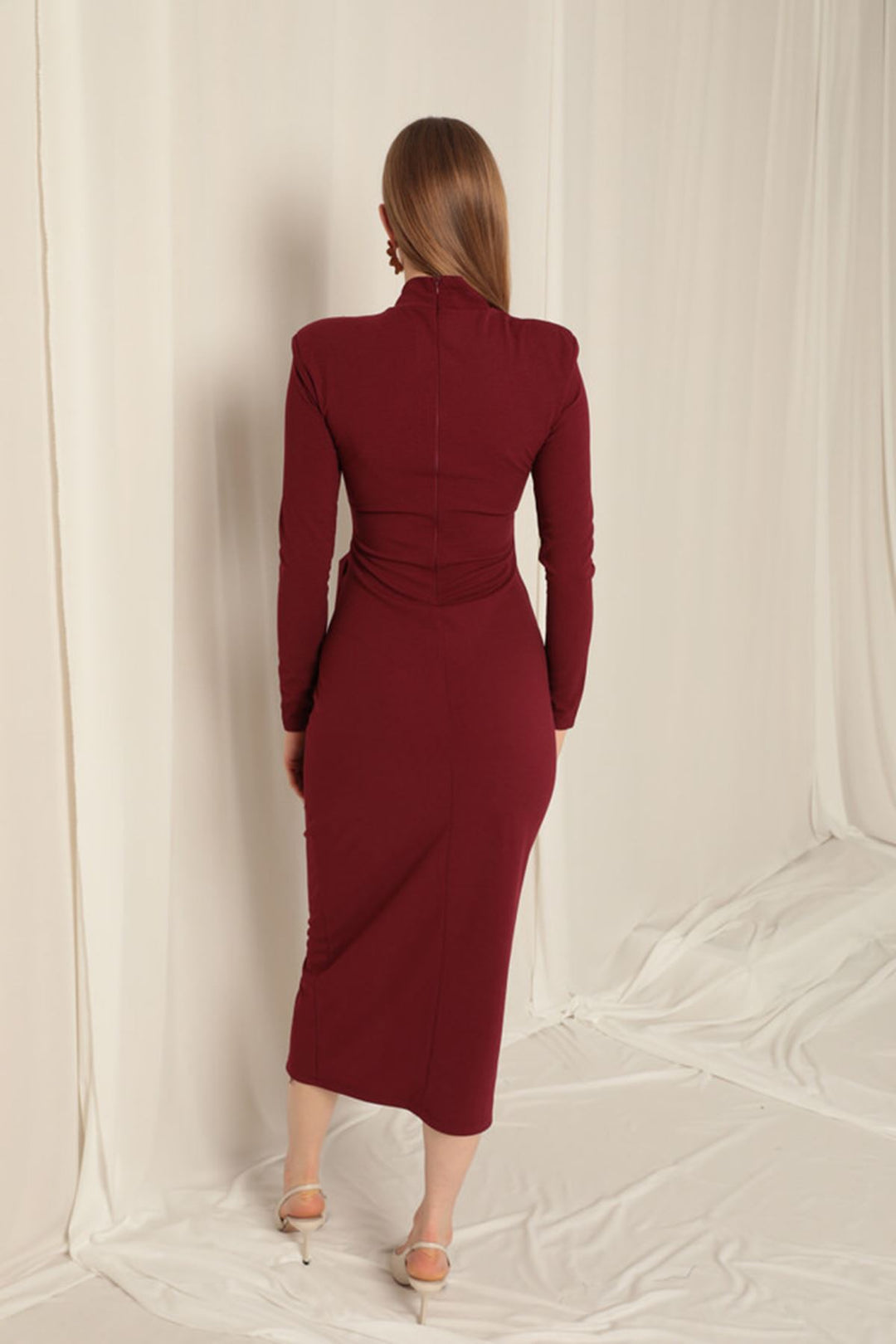 KKT Crepe Fabric Tied Burgundy Dress - Saronno