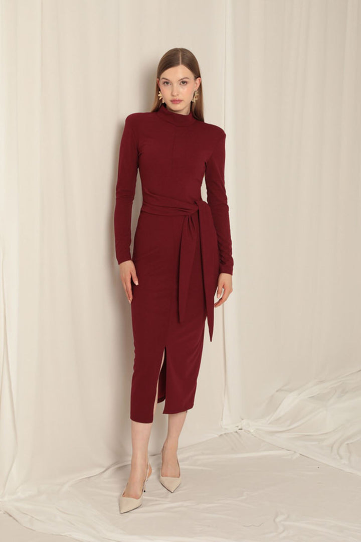 KKT Crepe Fabric Tied Burgundy Dress - Saronno