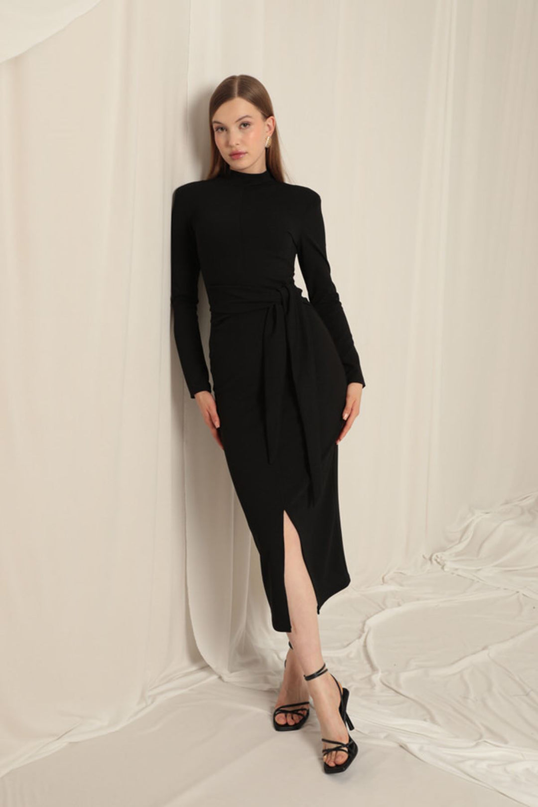 KKT Crepe Fabric Tied Women's Black Dress - Ensenada