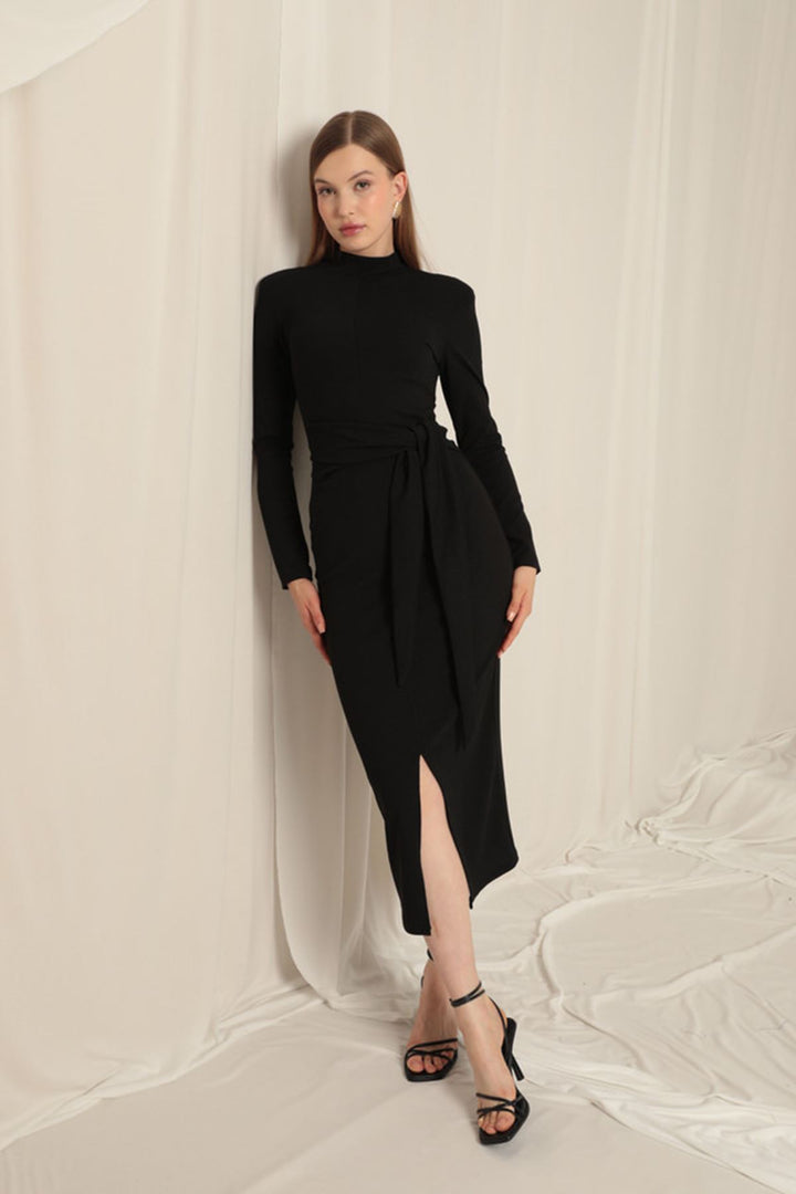 KKT Crepe Fabric Tied Women's Black Dress - Ensenada