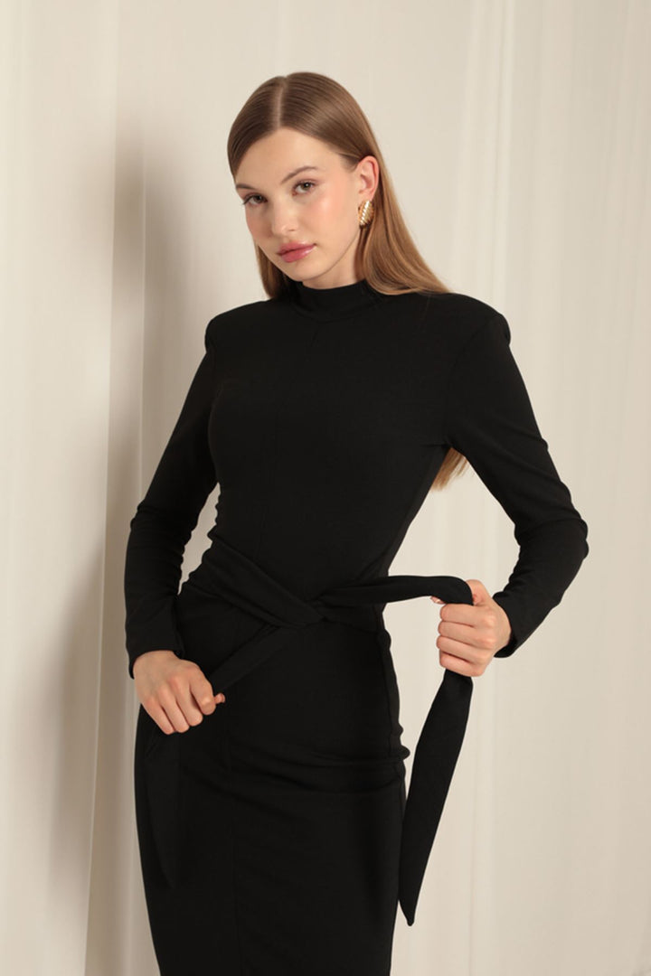 KKT Crepe Fabric Tied Women's Black Dress - Ensenada