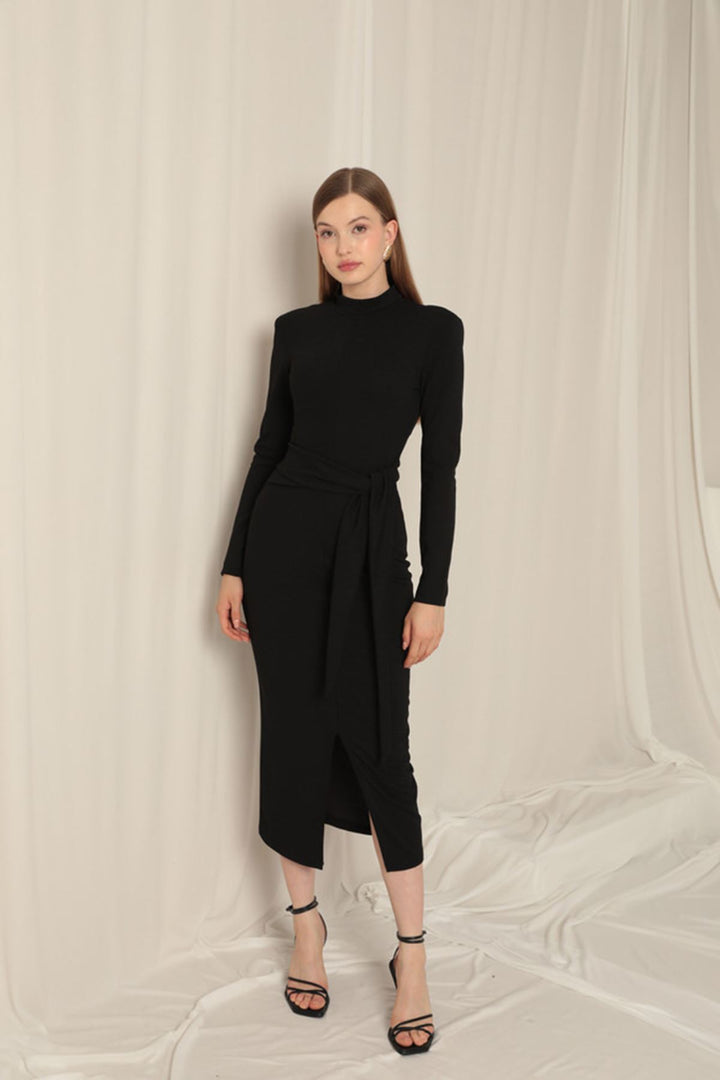 KKT Crepe Fabric Tied Women's Black Dress - Ensenada