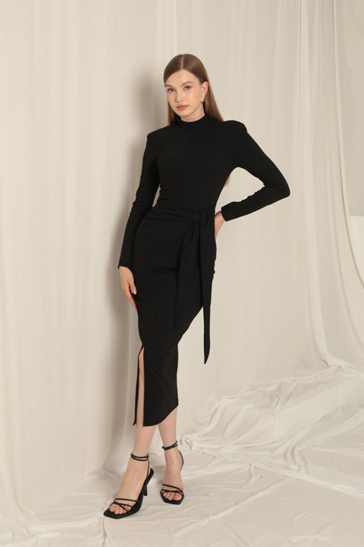 KKT Crepe Fabric Tied Women's Black Dress - Ensenada
