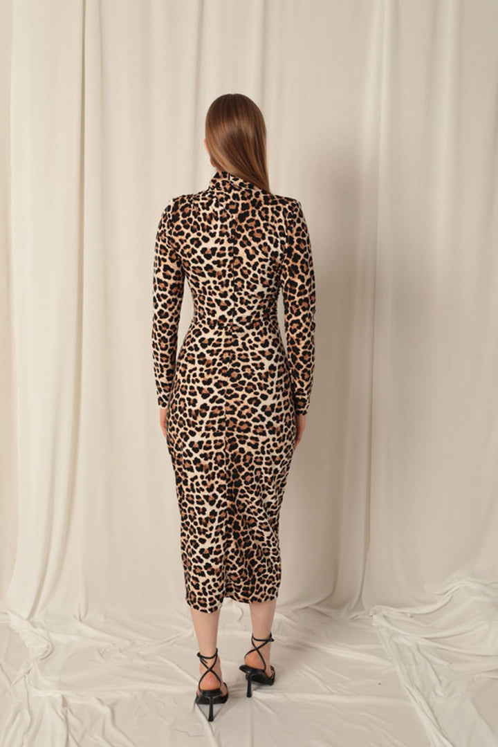KKT Crepe Fabric Leopard Pattern Coffee Dress - Chino