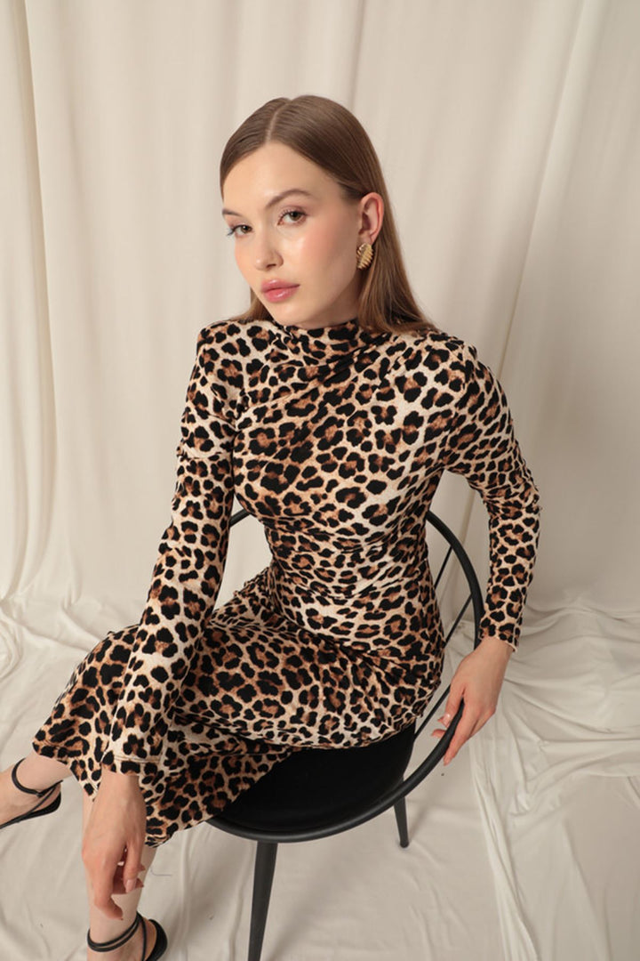 KKT Crepe Fabric Leopard Pattern Coffee Dress - Chino
