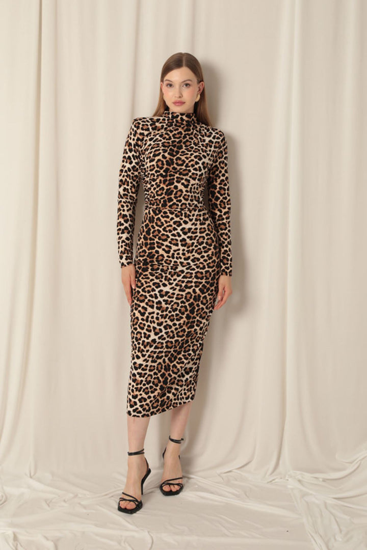 KKT Crepe Fabric Leopard Pattern Coffee Dress - Chino