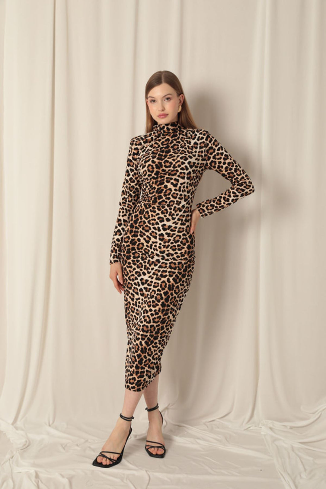 KKT Crepe Fabric Leopard Pattern Coffee Dress - Chino