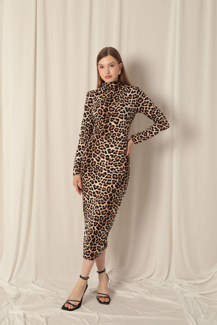 KKT Crepe Fabric Leopard Pattern Coffee Dress - Chino