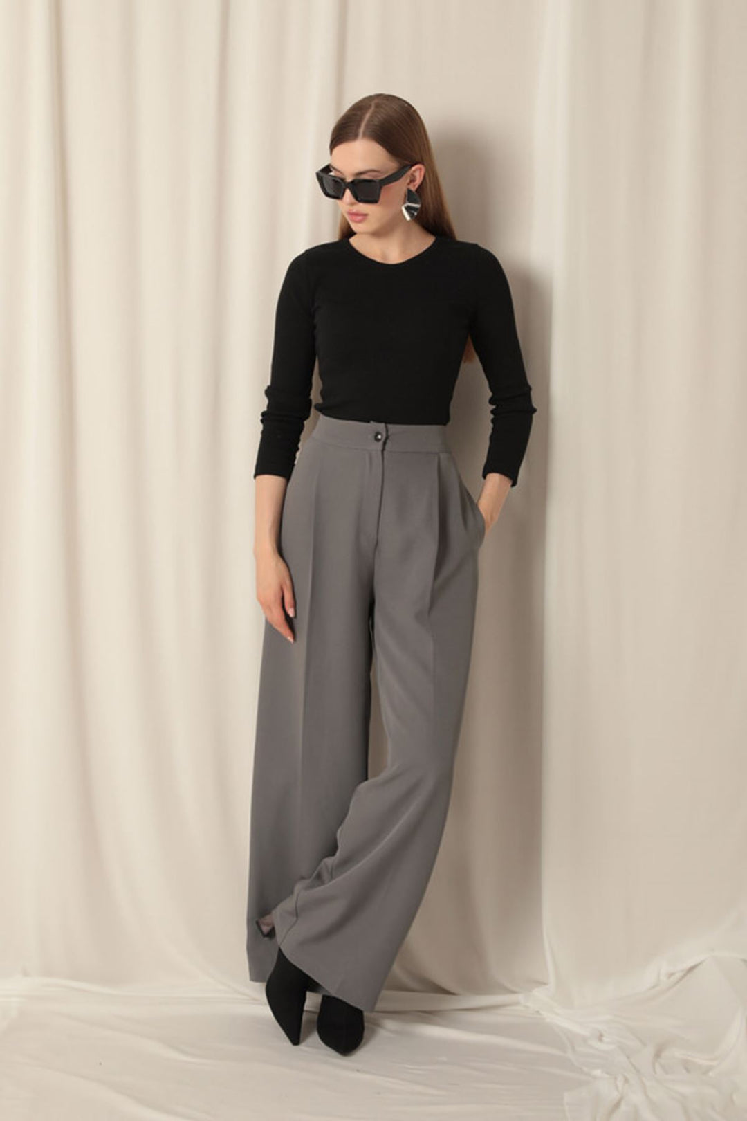 KKT Atlas Fabric Palazzo Women's Gray Trousers - Pistoia