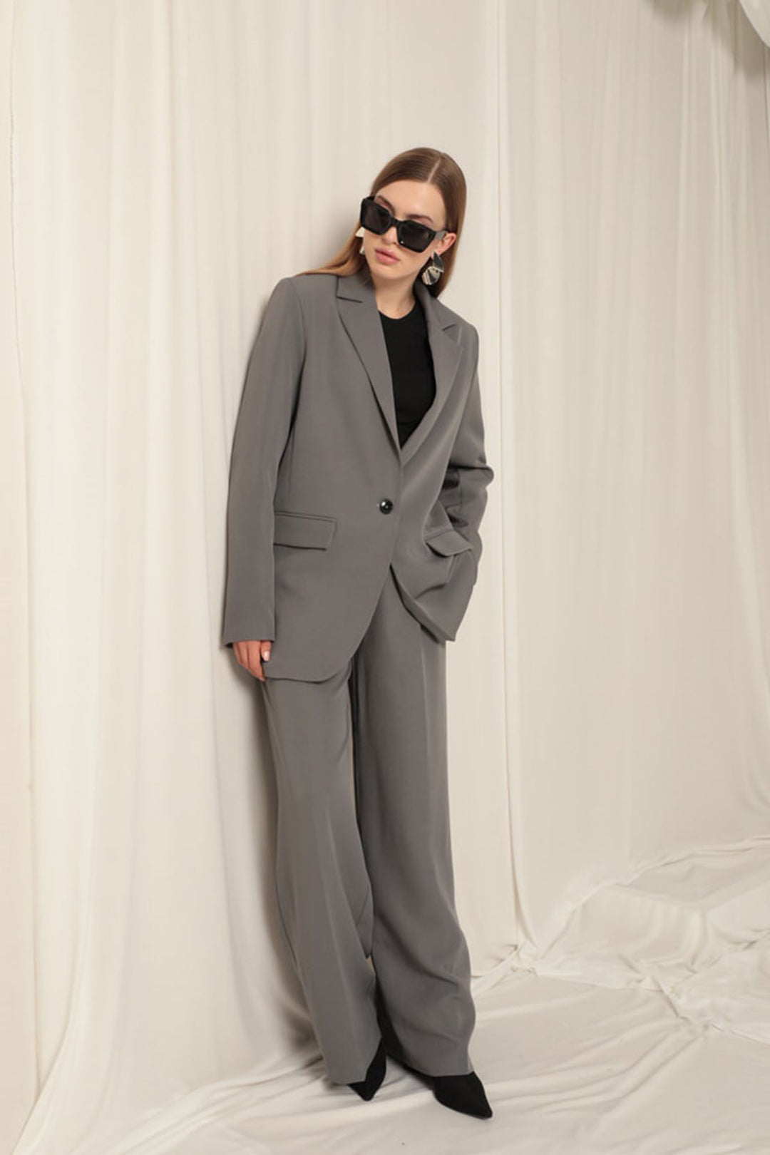 KKT Atlas Fabric Palazzo Women's Gray Trousers - Pistoia