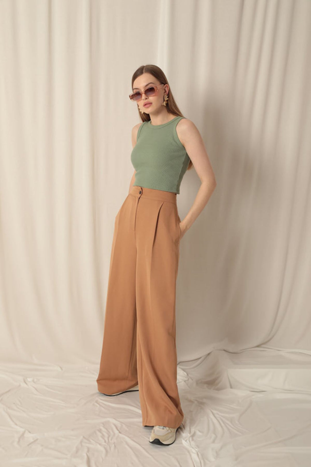 KKT Atlas Fabric Palazzo Women's Tan Trousers - Huber Heights