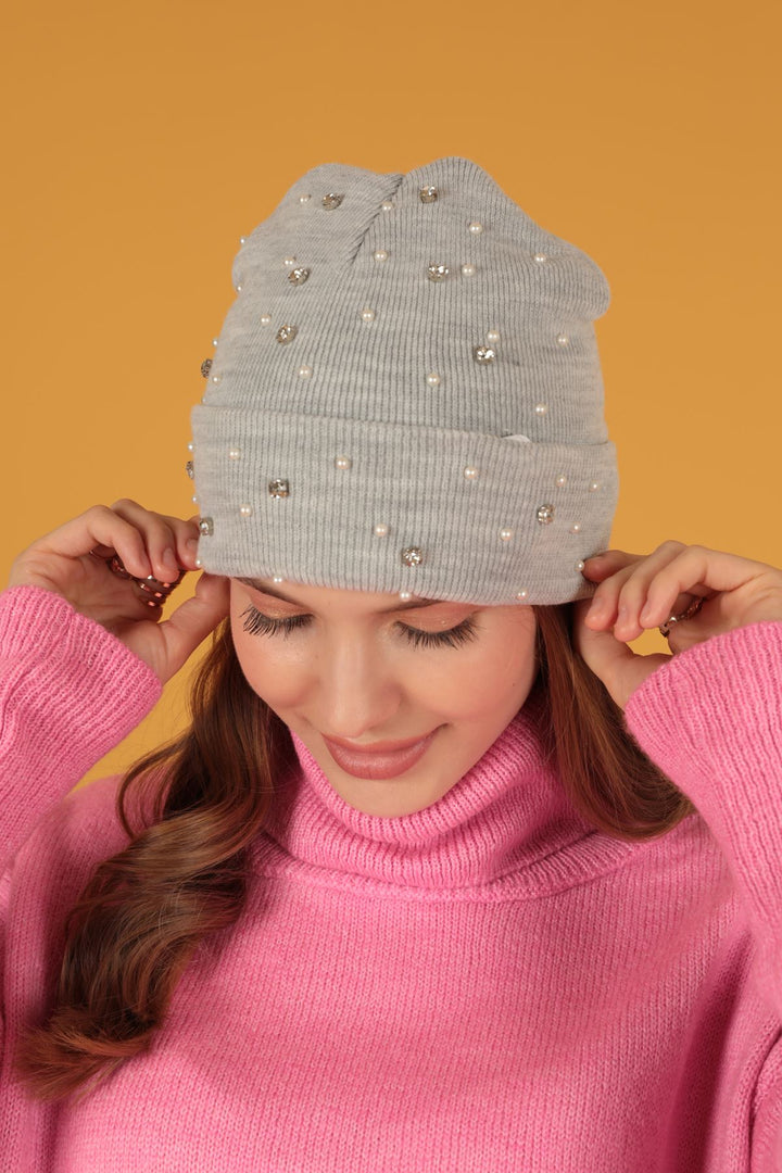 KKT Women's Light Grey Beret with Pearls - Pachuca
