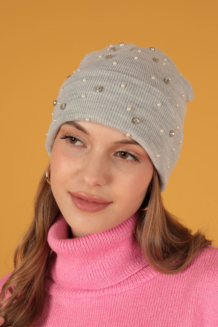 KKT Women's Light Grey Beret with Pearls - Pachuca