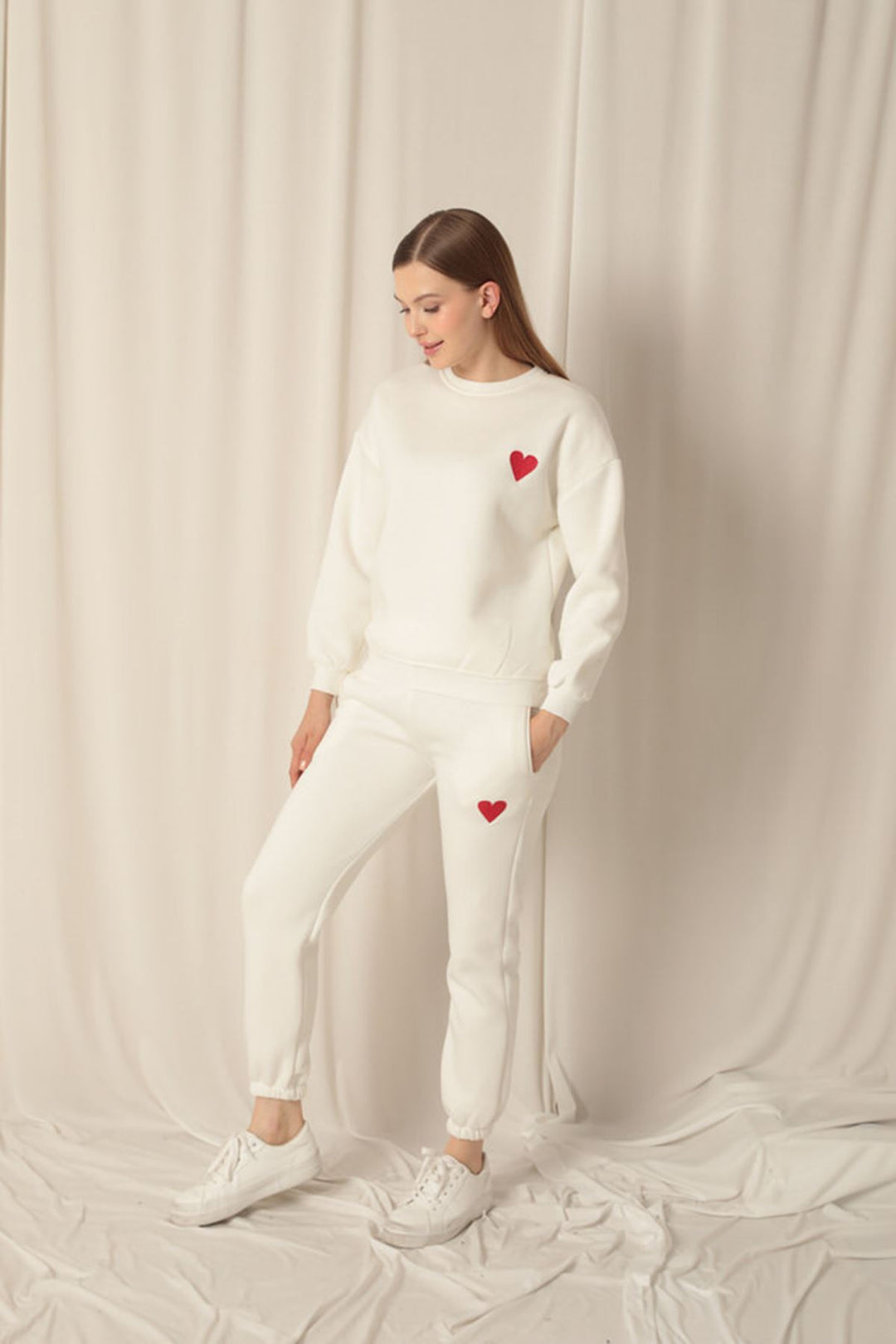 KKT Three Thread Fabric Heart Embroidery Women's Ecru Suit - Mankato