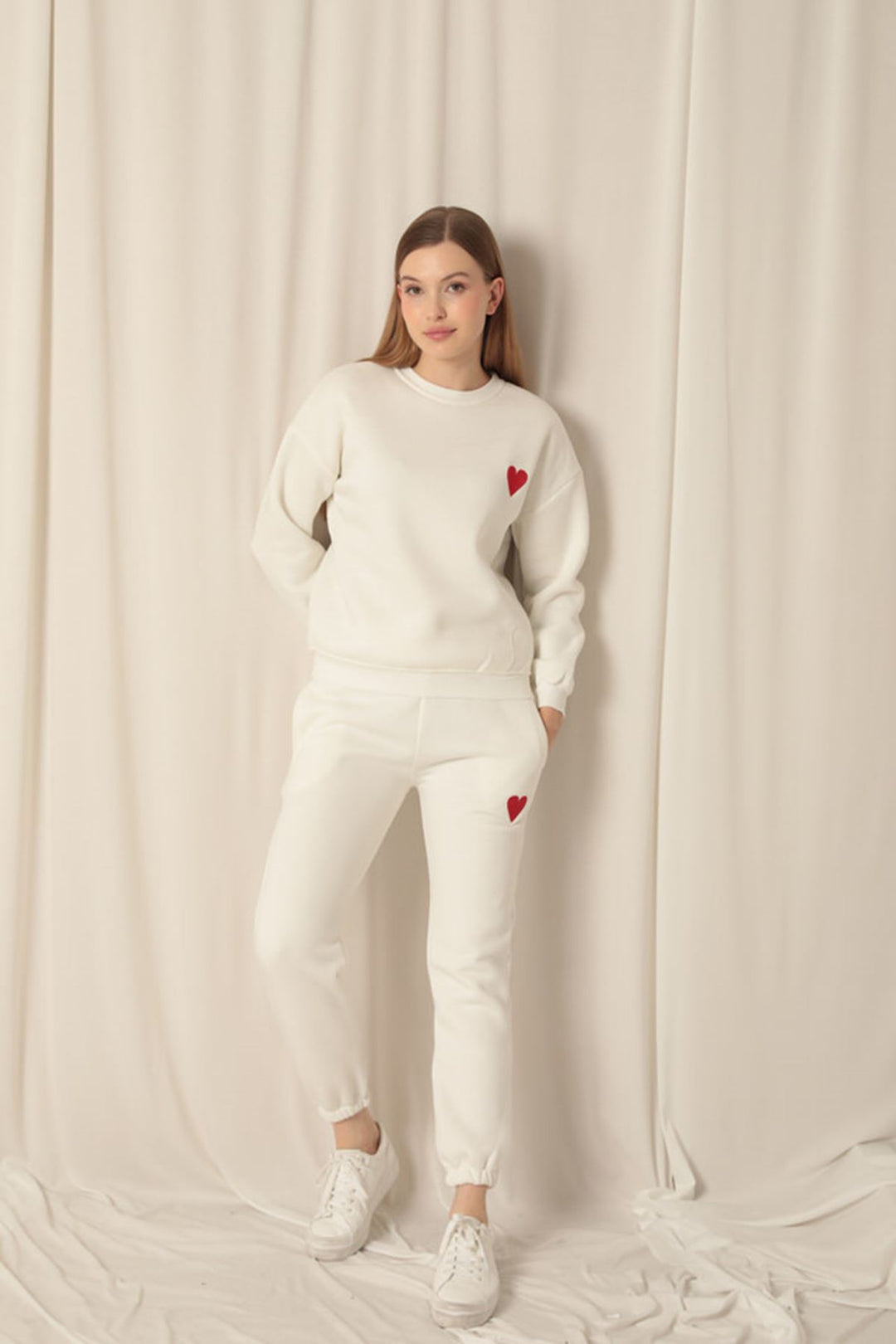 KKT Three Thread Fabric Heart Embroidery Women's Ecru Suit - Mankato