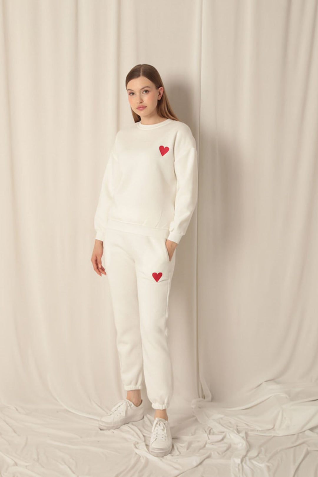 KKT Three Thread Fabric Heart Embroidery Women's Ecru Suit - Mankato