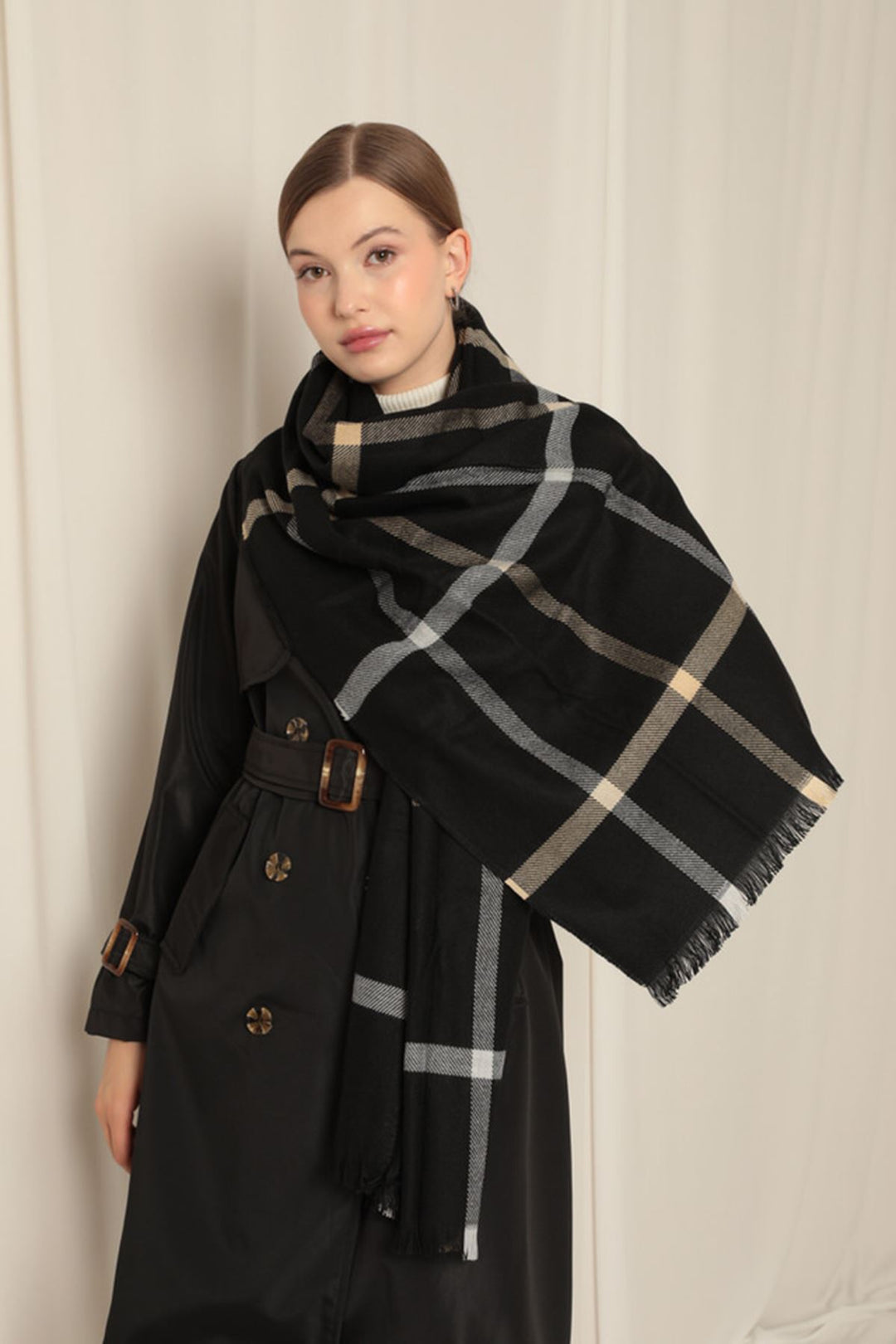KKT Thick Striped Women's Black/Camel Shawl - Falls