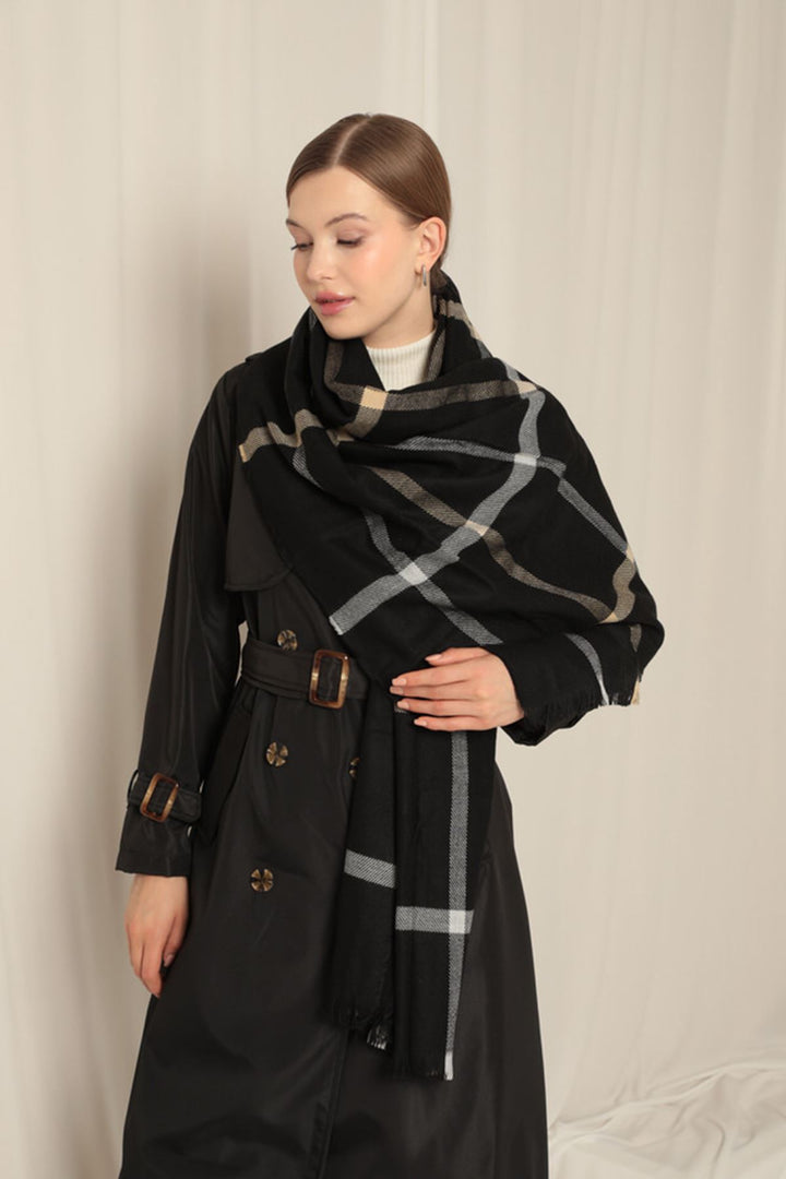 KKT Thick Striped Women's Black/Camel Shawl - Falls