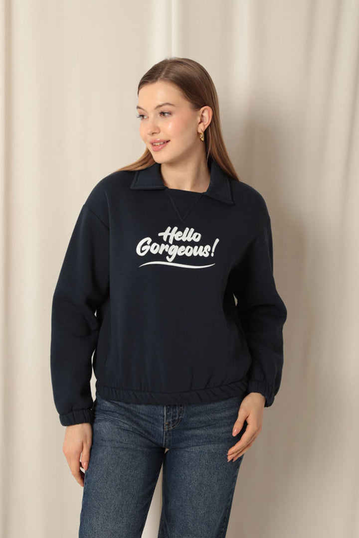 KKT Three Thread Fabric Hello Printed Women's Navy Blue Sweat - Mulhouse