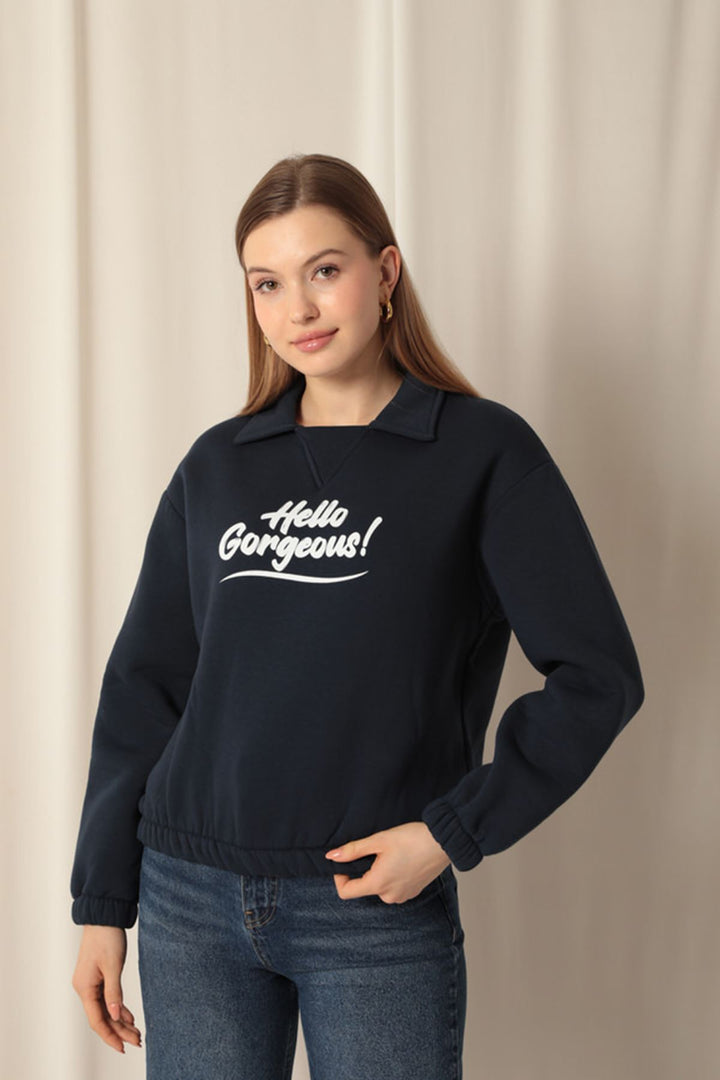 KKT Three Thread Fabric Hello Printed Women's Navy Blue Sweat - Mulhouse