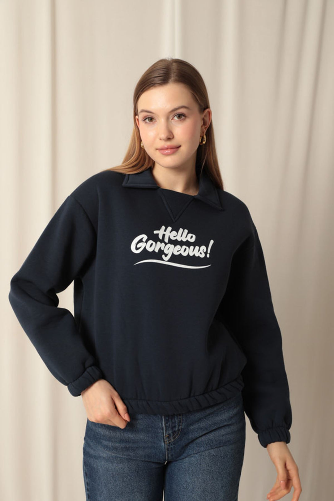 KKT Three Thread Fabric Hello Printed Women's Navy Blue Sweat - Mulhouse