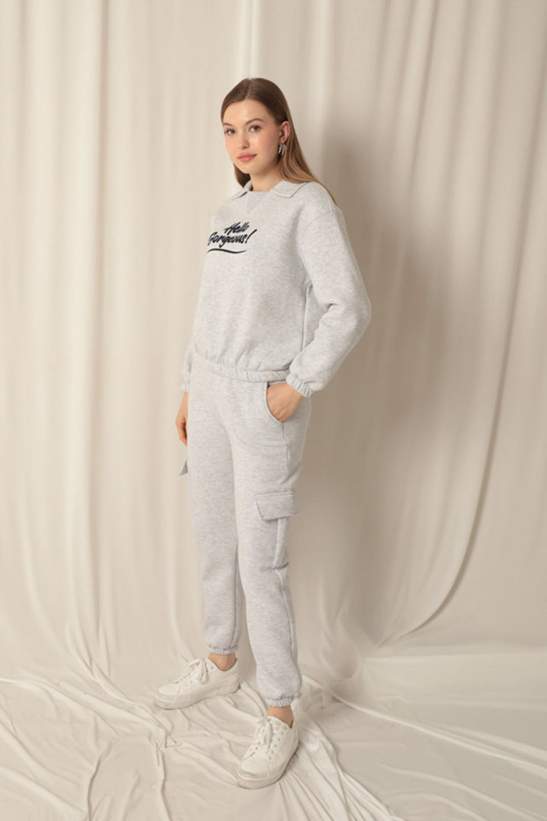 KKT Three Thread Fabric Hello Printed Women's Gray Sweat - Braintree