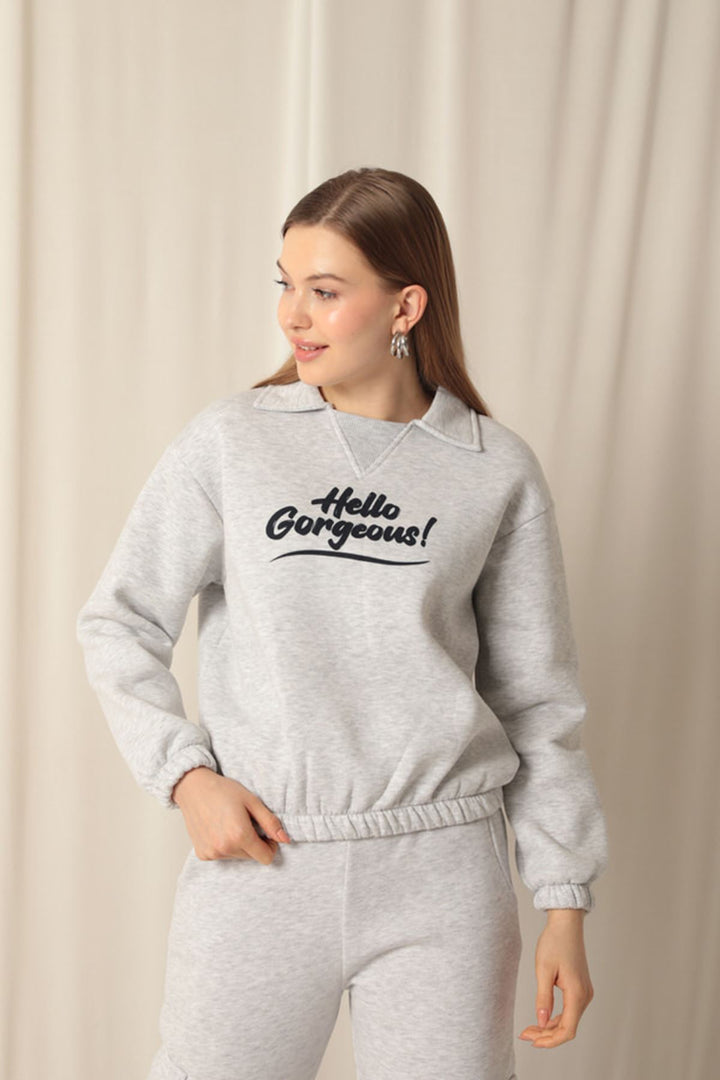 KKT Three Thread Fabric Hello Printed Women's Gray Sweat - Braintree