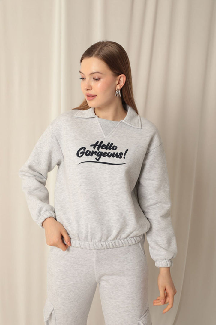 KKT Three Thread Fabric Hello Printed Women's Gray Sweat - Braintree