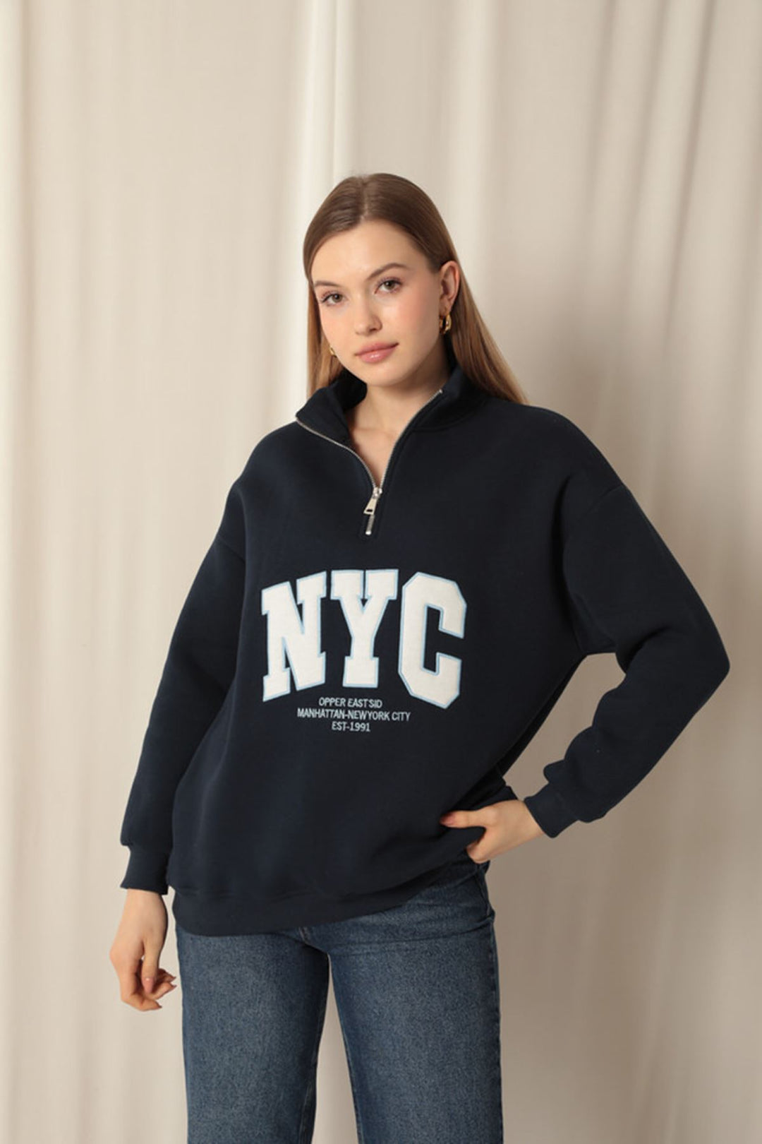 KKT Three Thread Nyc Embroidered Women's Navy Blue Sweater - Maidstone