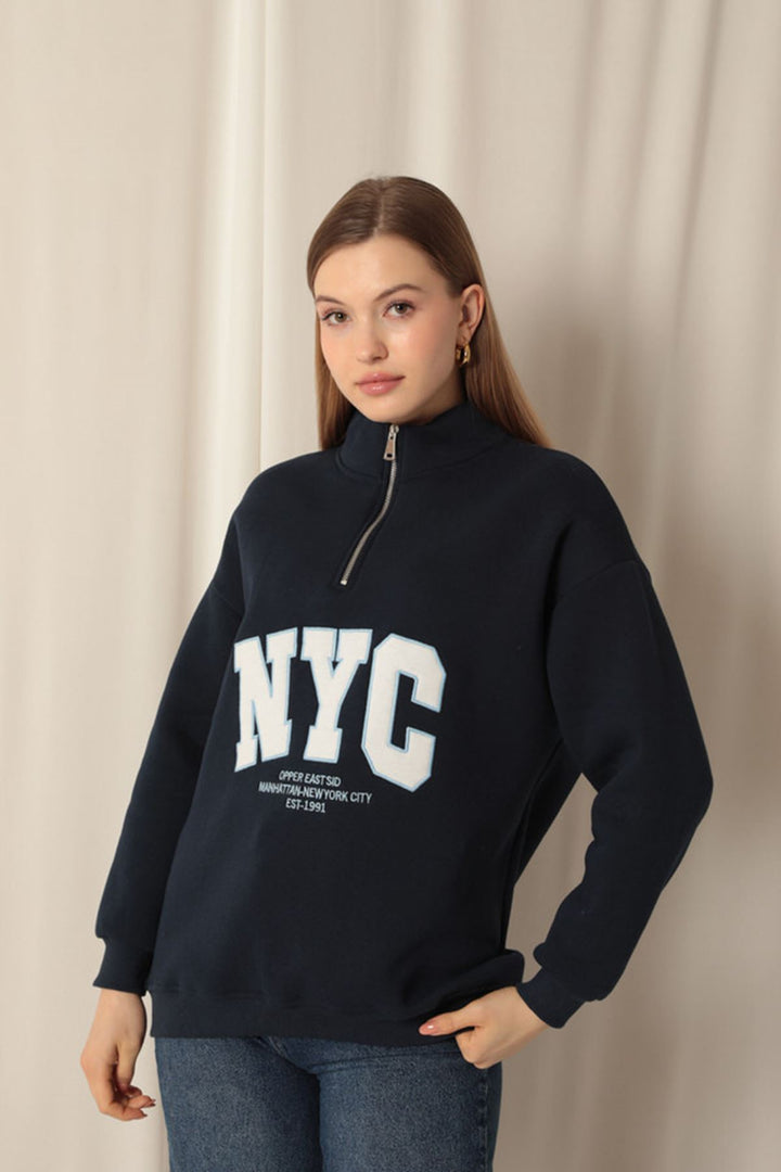KKT Three Thread Nyc Embroidered Women's Navy Blue Sweater - Maidstone