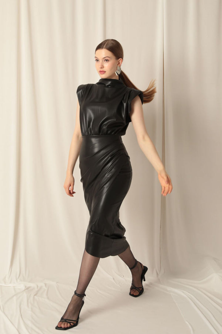 KKT Leather Fabric Midi Black Dress - Lugano