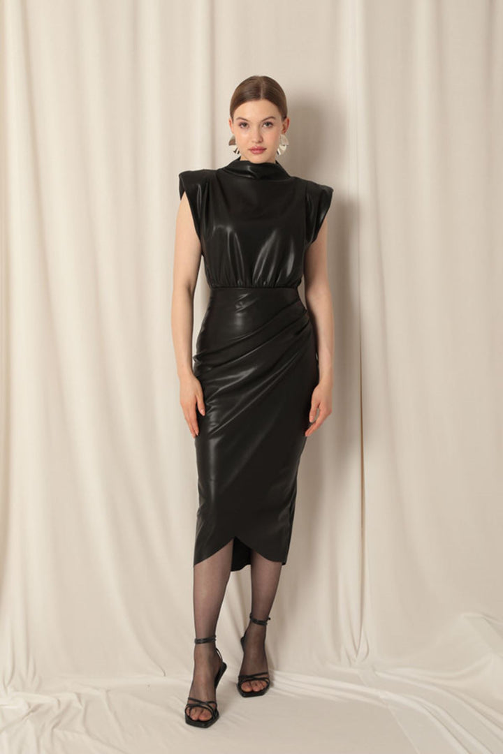 KKT Leather Fabric Midi Black Dress - Lugano