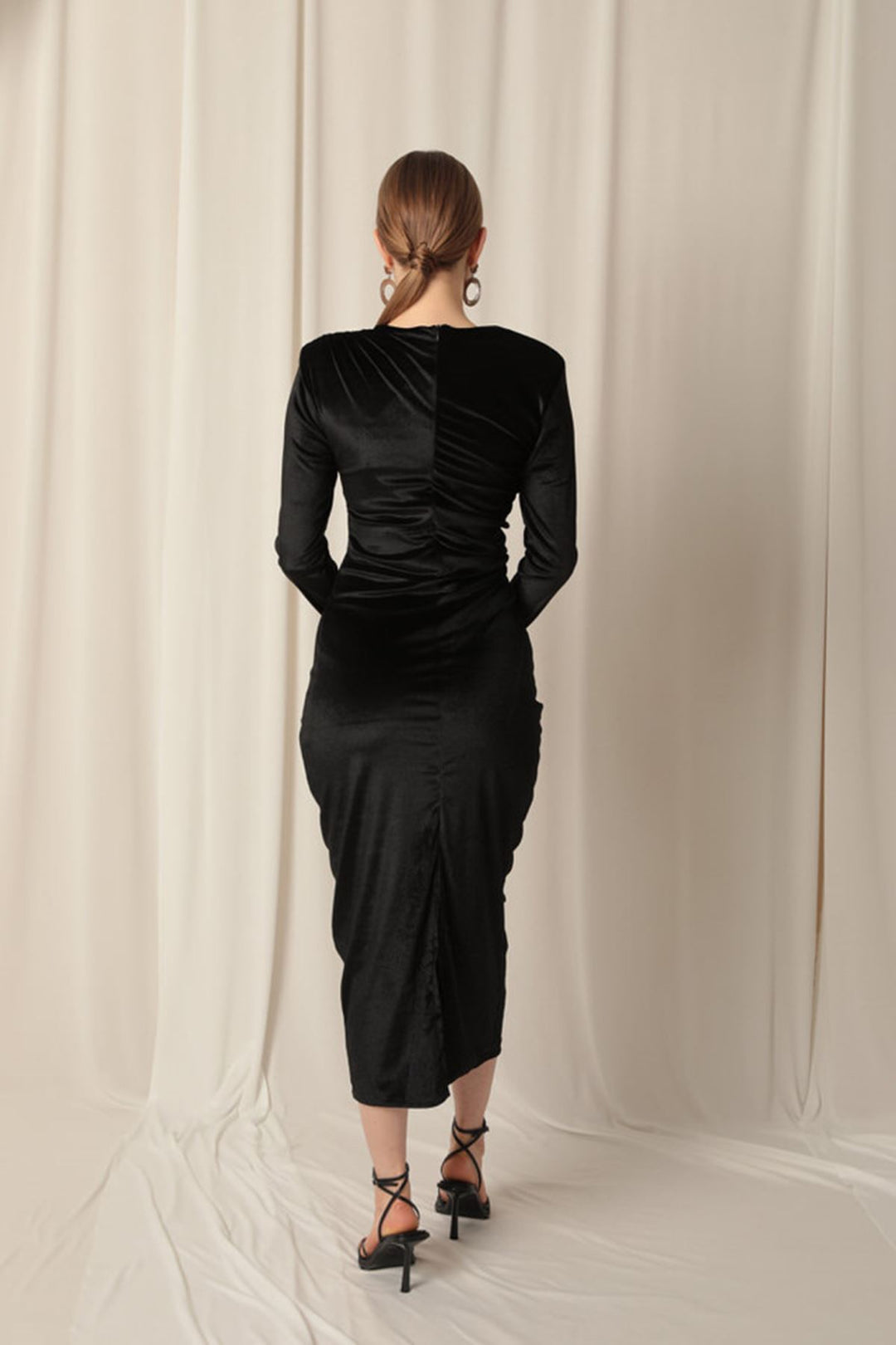 KKT Velvet Fabric Stone Detail Midi Black Dress - Kornwestheim