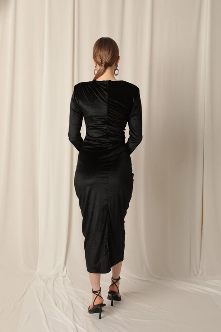 KKT Velvet Fabric Stone Detail Midi Black Dress - Kornwestheim