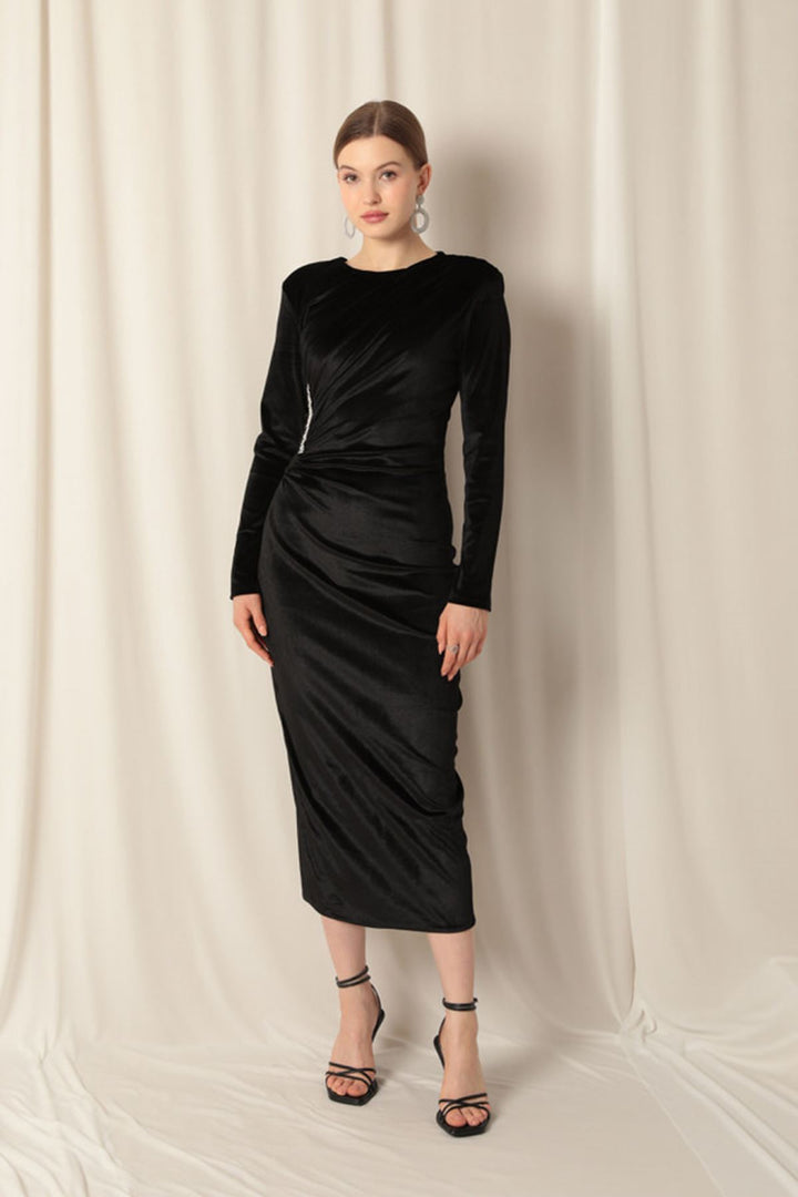 KKT Velvet Fabric Stone Detail Midi Black Dress - Kornwestheim