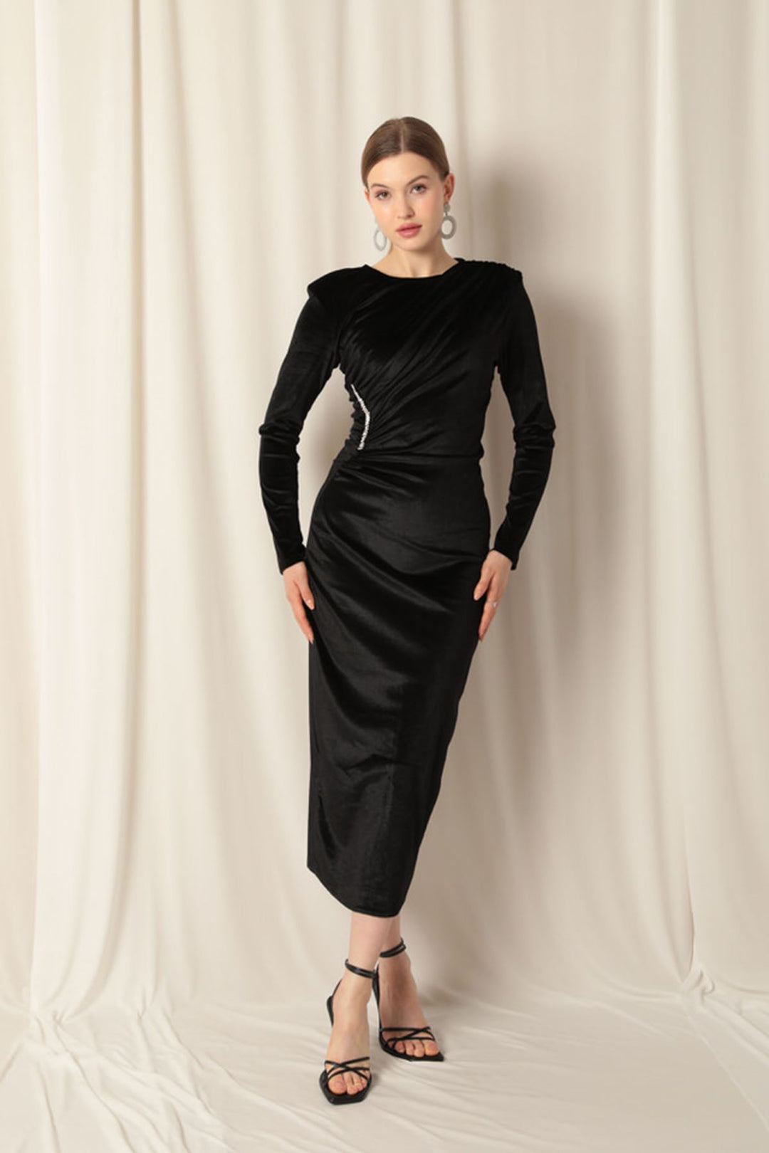 KKT Velvet Fabric Stone Detail Midi Black Dress - Kornwestheim